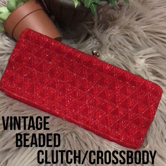 Vintage Beaded Clutch/Crossbody Bag-Red-10x4.5-Gorgeous-Holiday Must Have - Picture 1 of 17